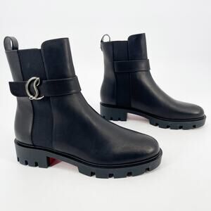 Christian Louboutin Black Leather Chelsea Booty Lug CL Monogram Ankle Boot EU 40